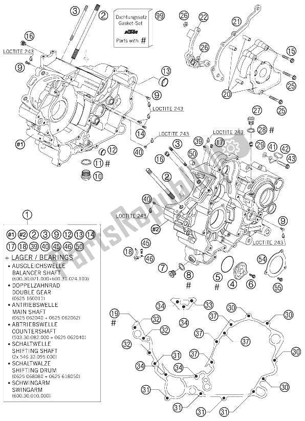 All parts for the Engine Case of the KTM 990 Adventure Orange ABS Australia United Kingdom 2006