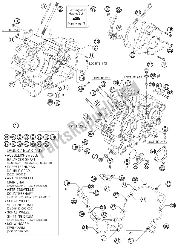 All parts for the Engine Case of the KTM 990 Adventure Orange ABS Australia United Kingdom 2006