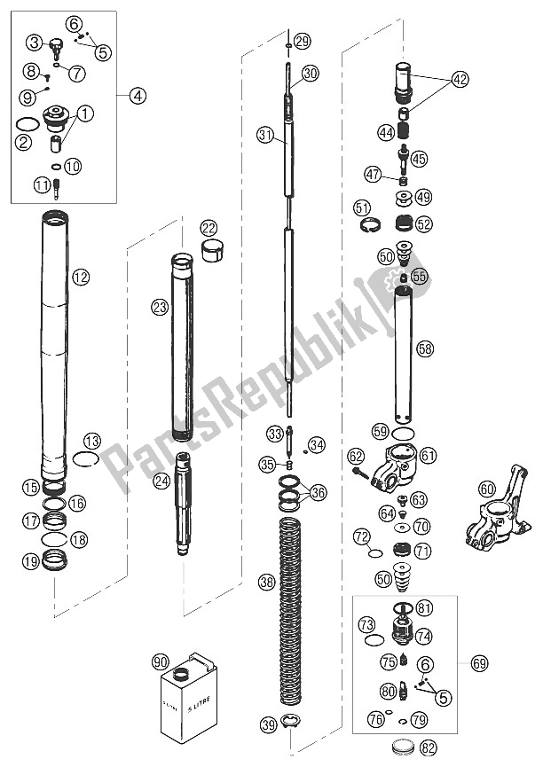 All parts for the Forklegs Wp Usd 43 Lc4,lc4 Sm of the KTM 640 LC 4 E Orange 18L USA 2002