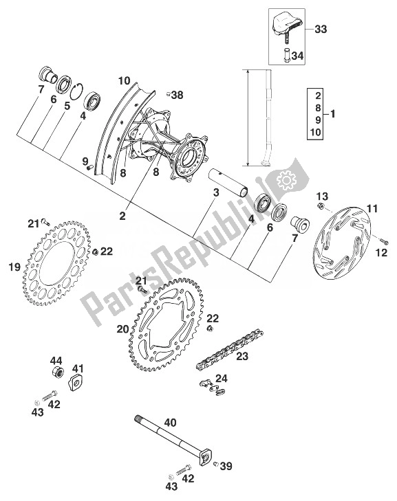 Todas as partes de Roda Traseira 400/620 Sc '99 do KTM 400 SUP Comp 20 KW Europe 1999