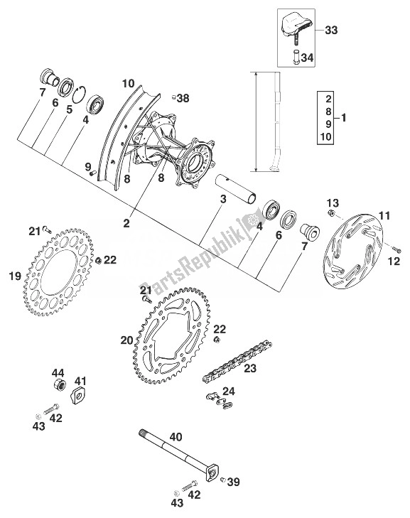 All parts for the Rear Wheel 400/620 Sc '99 of the KTM 620 SUP Comp 20 KW Europe 1999