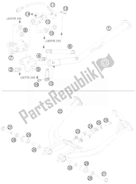 All parts for the Side / Center Stand of the KTM 990 Adventure White ABS 10 USA 2010