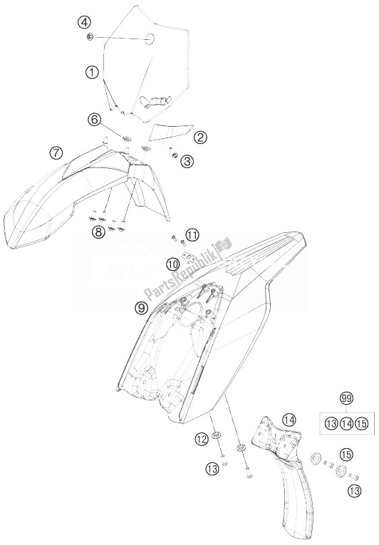 All parts for the Mask, Fenders of the KTM 50 SX Mini Europe 2014