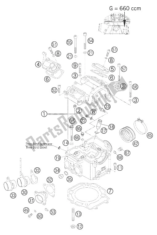Alle onderdelen voor de Cilinderkop 660 Smc van de KTM 660 SMC Europe 2005