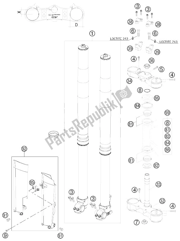 All parts for the Front Fork, Triple Clamp of the KTM 250 SX Europe 2009