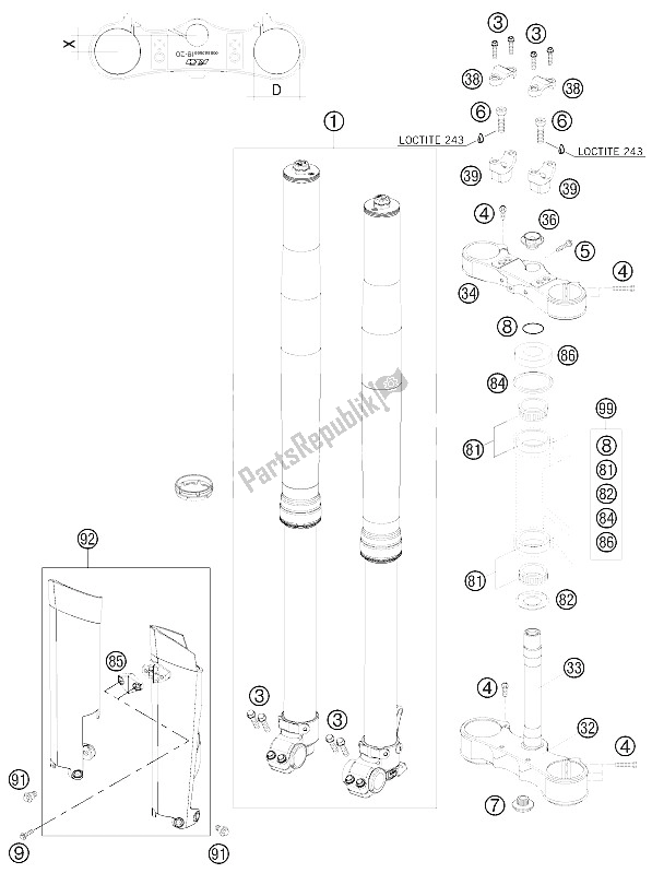 Tutte le parti per il Forcella Anteriore, Pinza Tripla del KTM 250 SX F Europe 2008