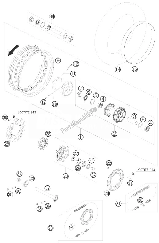 All parts for the Rear Wheel of the KTM 690 Supermoto Black USA 2007