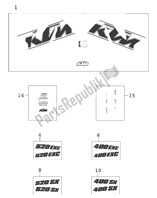 Tutte le parti per il Decalcomania 400/520 Racing 2000 del KTM 520 EXC Racing Australia 2000