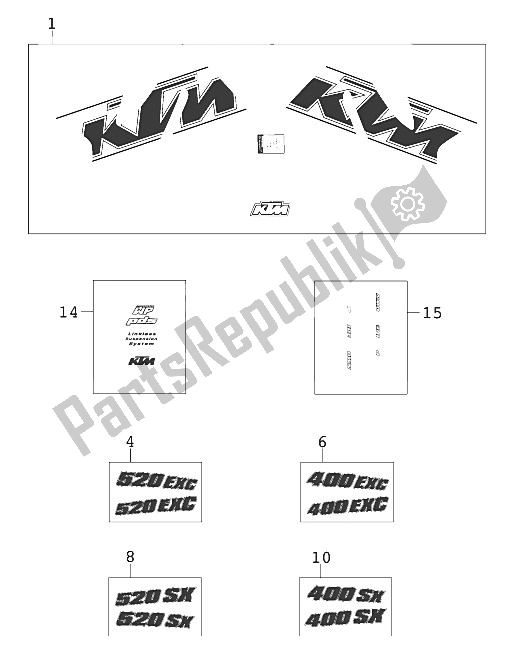 Tutte le parti per il Decalcomania 400/520 Racing 2000 del KTM 520 EXC Racing Europe 2000