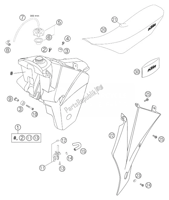 Alle onderdelen voor de Brandstoftank, Stoel, Deksel van de KTM 525 SX Racing Europe 2004