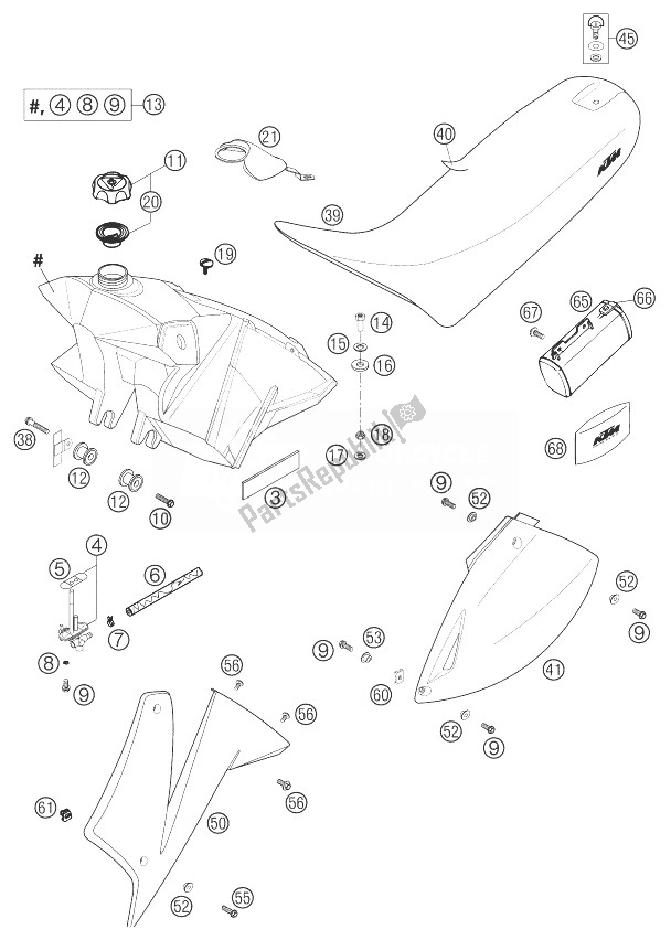 All parts for the Fuel Tank, Seat, Cover 625 Sxc of the KTM 625 SXC Europe 2004