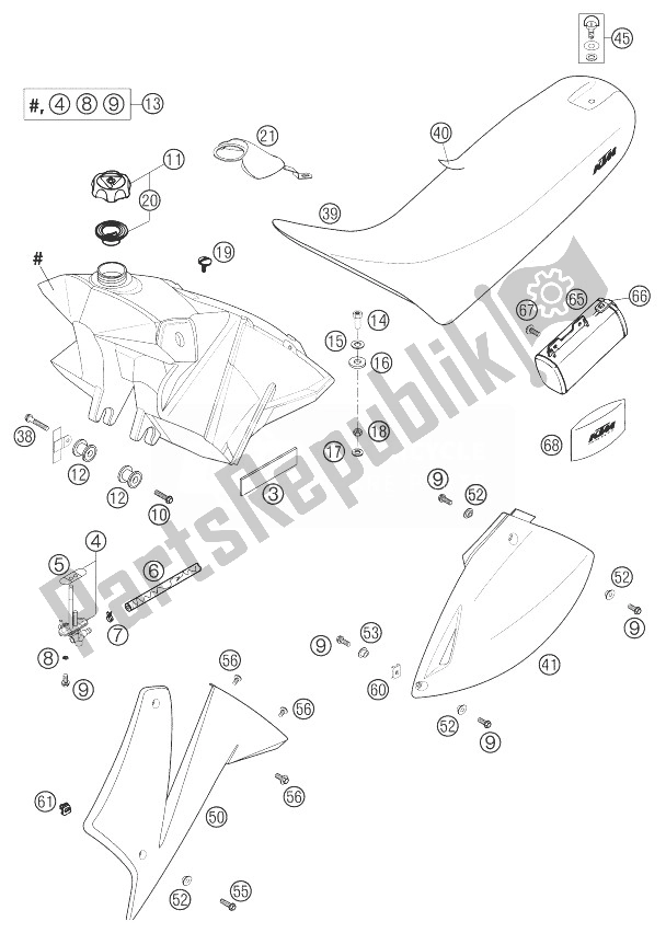 Tutte le parti per il Serbatoio Carburante, Sedile, Coperchio 625 Sxc del KTM 625 SXC USA 2004