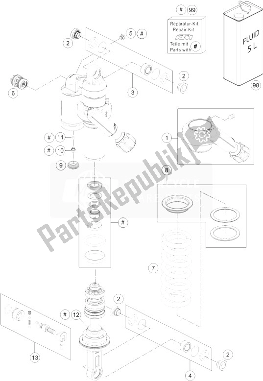 All parts for the Shock Absorber Disassembled of the KTM 1190 Adventure R ABS France 2014