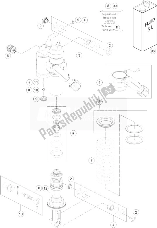 All parts for the Shock Absorber Disassembled of the KTM 1190 Adventure R ABS Japan 2014