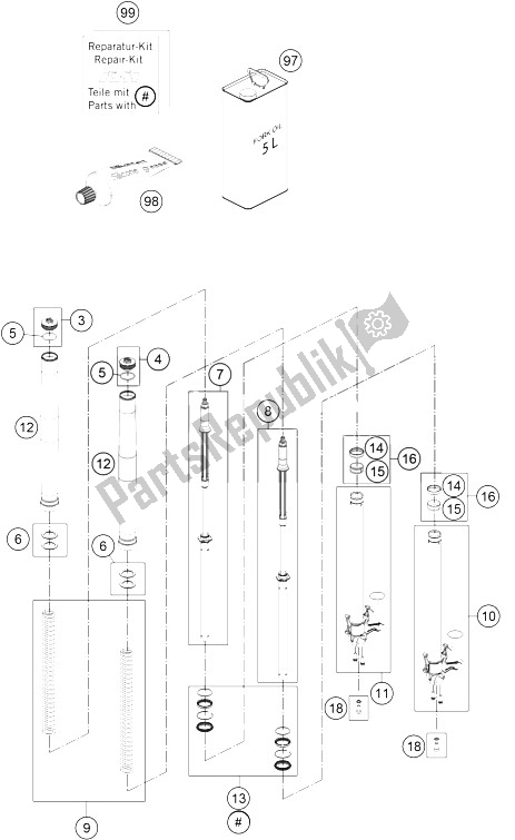 All parts for the Front Fork Disassembled of the KTM 1190 ADV ABS Grey WES Europe 2013