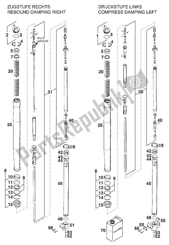 Tutte le parti per il Gambe Anteriori - Sospensione Wp Egs '97 del KTM 400 EGS E 11 LT Orange Europe 1997