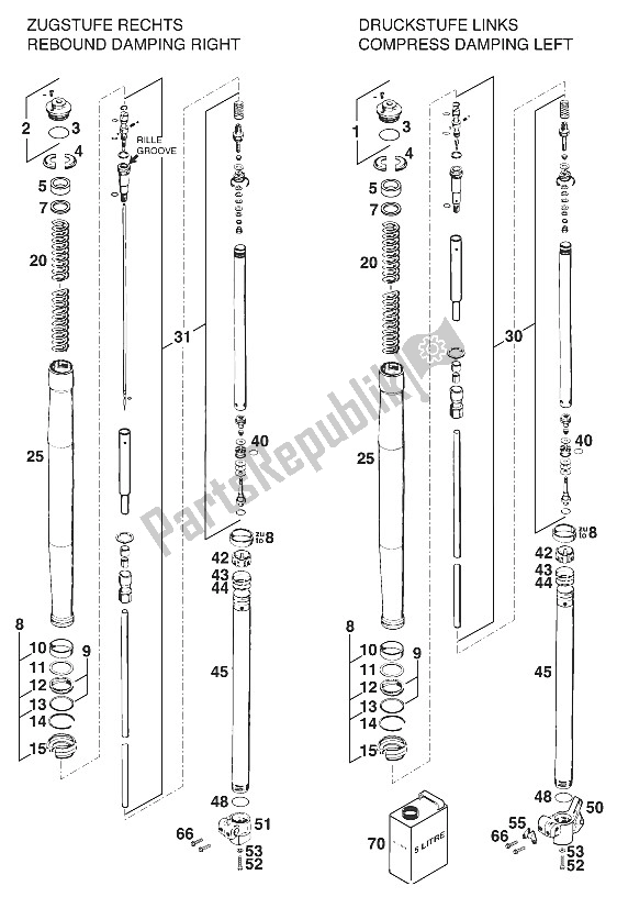 Todas las partes para Patas Delanteras - Suspensión Wp Egs '97 de KTM 400 EGS E 29 KW 11 LT Blau Europe 1997