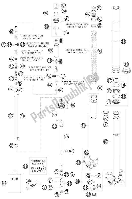 All parts for the Front Fork Disassembled of the KTM 300 XC Europe USA 2011