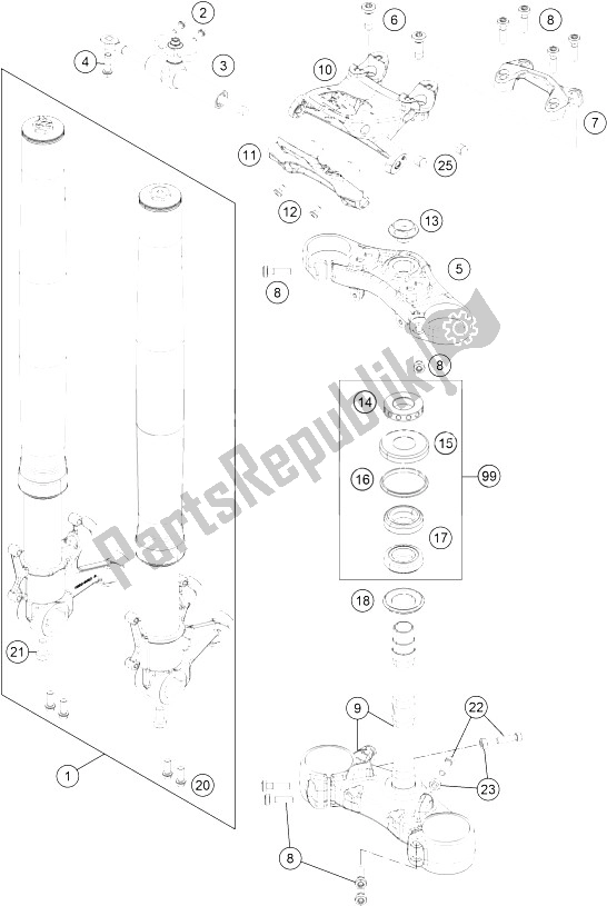 All parts for the Front Fork, Triple Clamp of the KTM 1290 Superduke R Black ABS 15 France 2015