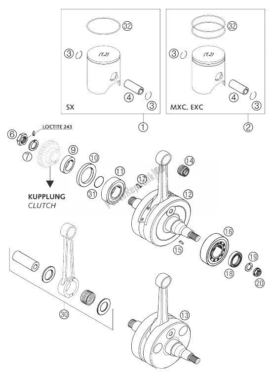 All parts for the Crankshaft, Piston 250/300 of the KTM 250 EXC Australia 2004