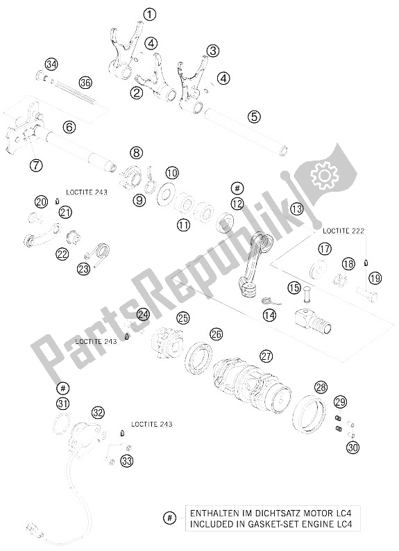 All parts for the Shifting Mechanism of the KTM 690 SMC R Australia United Kingdom 2012