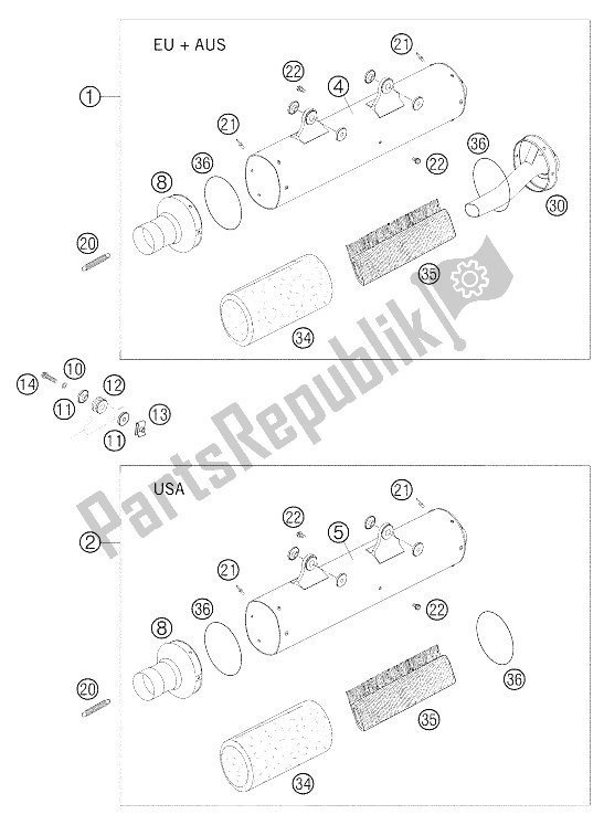 All parts for the Silencer 250-525 Exc+mxc Rac of the KTM 250 EXC Racing Australia 2005