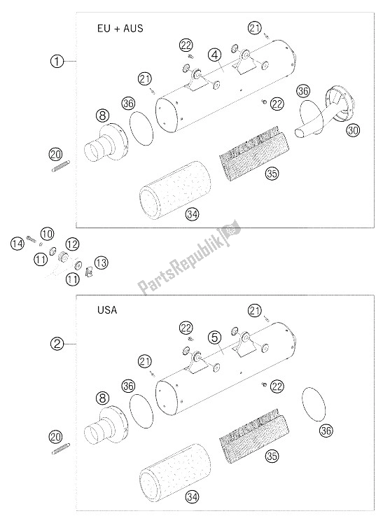 All parts for the Silencer 250-525 Exc+mxc Rac of the KTM 250 EXC Racing Europe 2005