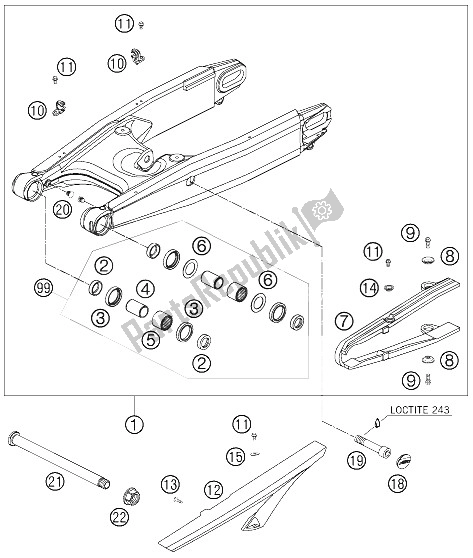 All parts for the Swing Arm of the KTM 990 Superduke Orange Australia United Kingdom 2006