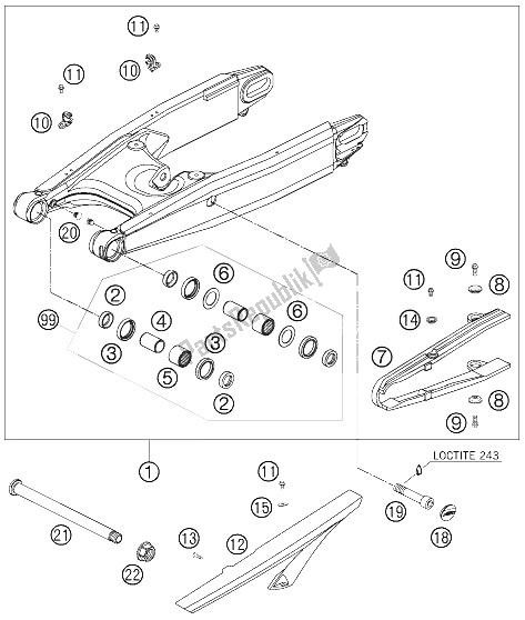 All parts for the Swing Arm of the KTM 990 Superduke Titanium Australia United Kingdom 2006