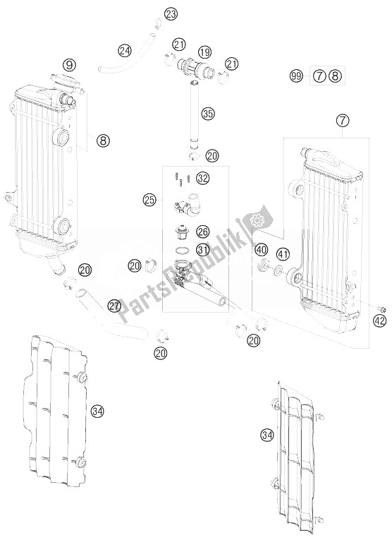 All parts for the Cooling System of the KTM 125 EXC Europe 2010