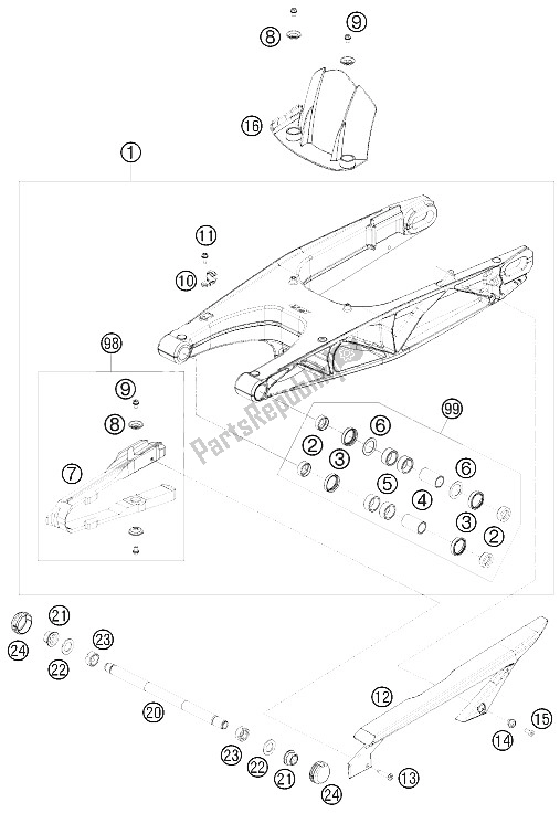 Todas las partes para Brazo Oscilante de KTM 690 Supermoto Black Europe 2008