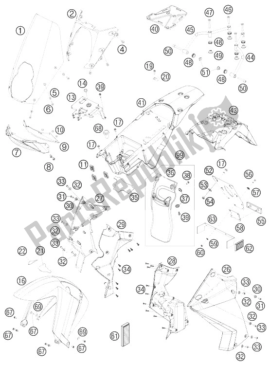 All parts for the Mask, Fenders of the KTM 990 Adventure R Australia United Kingdom 2010