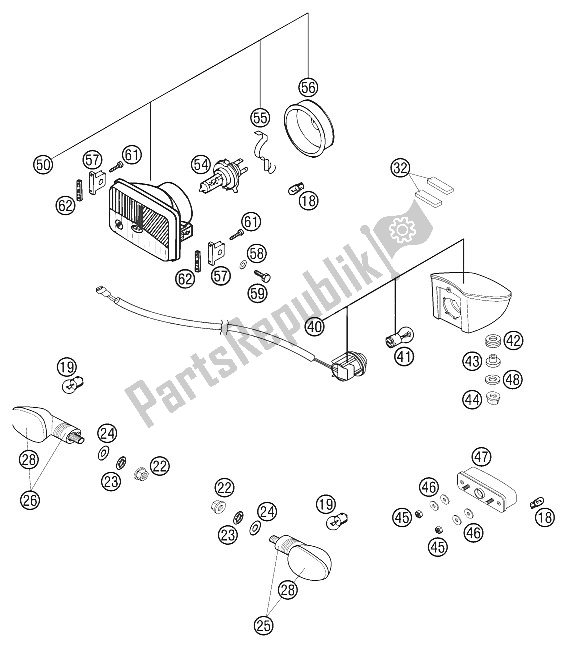All parts for the Head Light, Flasher, Taillight of the KTM 625 SC Europe 2002