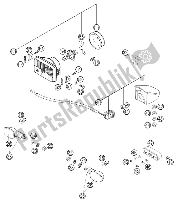 All parts for the Head Light, Flasher, Taillight of the KTM 625 SC Super Moto Europe 2002