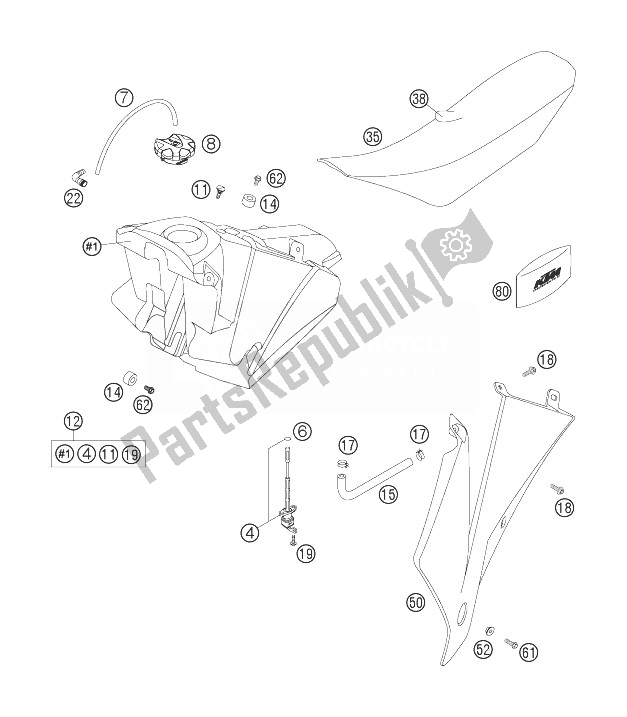 Todas as partes de Tanque, Assento, Tampa do KTM 250 EXC F Europe 2007
