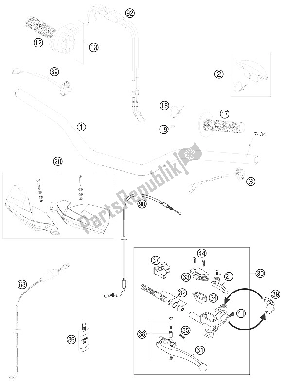 All parts for the Handlebar, Controls of the KTM 505 XC F USA 2008