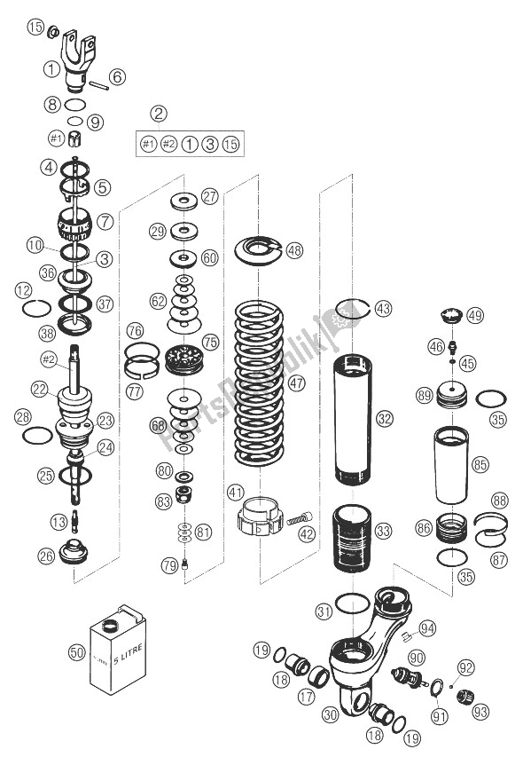 All parts for the Shock Absorber Disassembled of the KTM 640 Duke II Yellow United Kingdom 2004