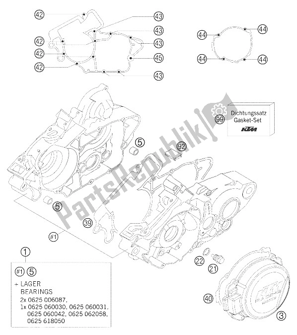 All parts for the Engine Case of the KTM 125 EXC Europe 2006