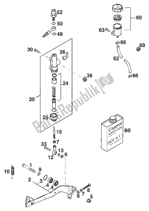 Tutte le parti per il Controllo Freno Posteriore Euro '96 del KTM 125 LC2 80 WEIß BRD Europe 1996