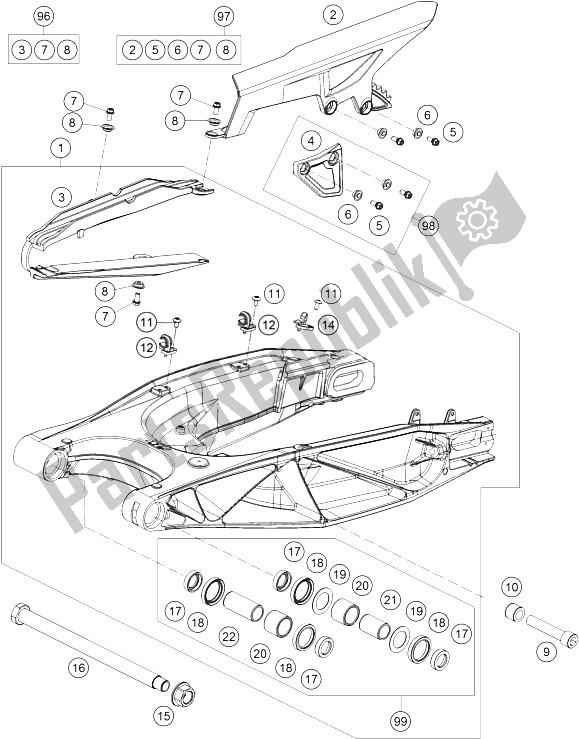 All parts for the Swing Arm of the KTM 1190 ADV ABS Grey WES France 2013