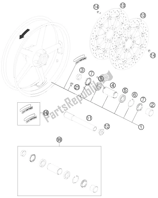 Alle onderdelen voor de Voorwiel van de KTM 1190 RC8 R White Australia 2011