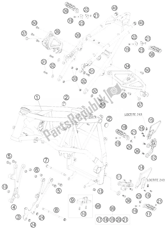 All parts for the Frame of the KTM 990 Super Duke Olive ME Australia United Kingdom 2010