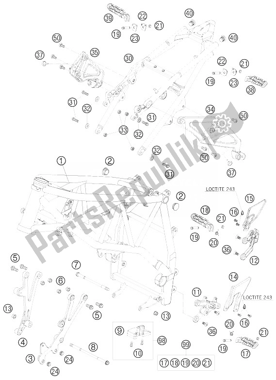 All parts for the Frame of the KTM 990 Super Duke Orange France 2010