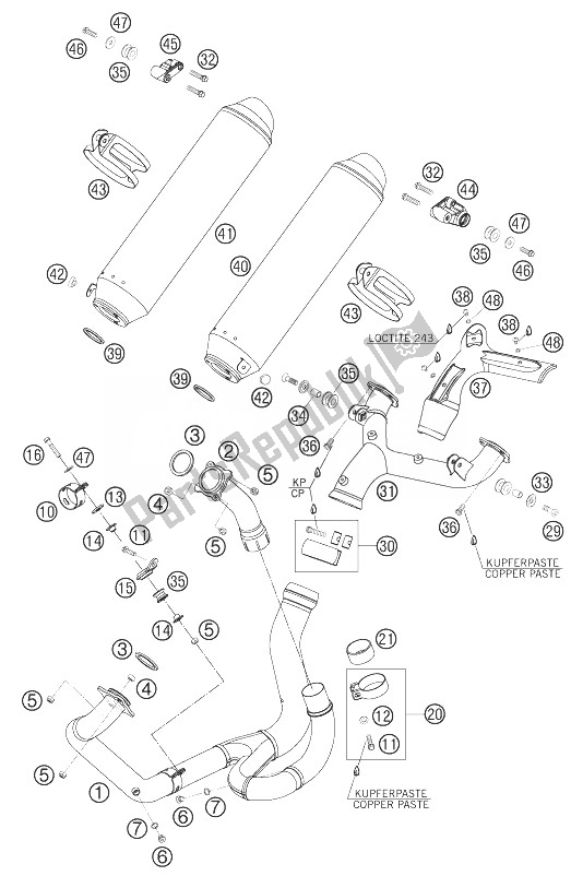 All parts for the Exhaust System of the KTM 950 Supermoto Black Australia United Kingdom 2007