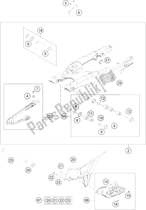 All parts for the Swingarm of the KTM 125 EXC Europe 2015