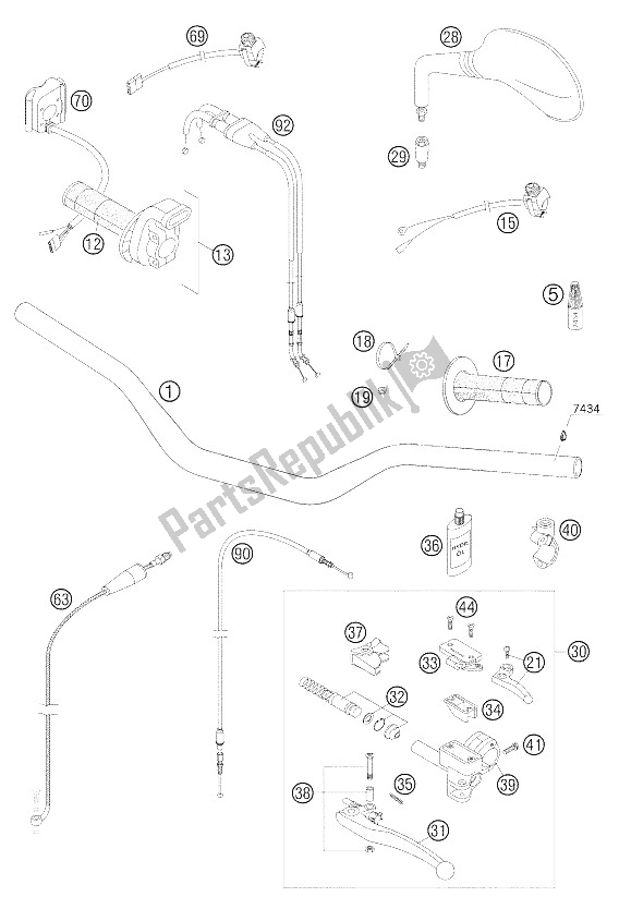 Tutte le parti per il Manubrio - Comandi 250-525 Raci del KTM 250 EXC Racing Europe 2005