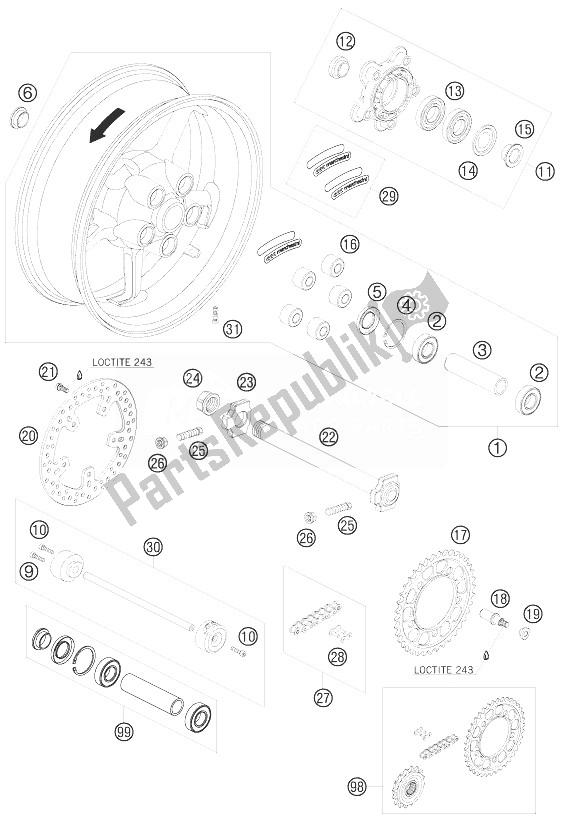 All parts for the Rear Wheel of the KTM 990 Super Duke R France 2010