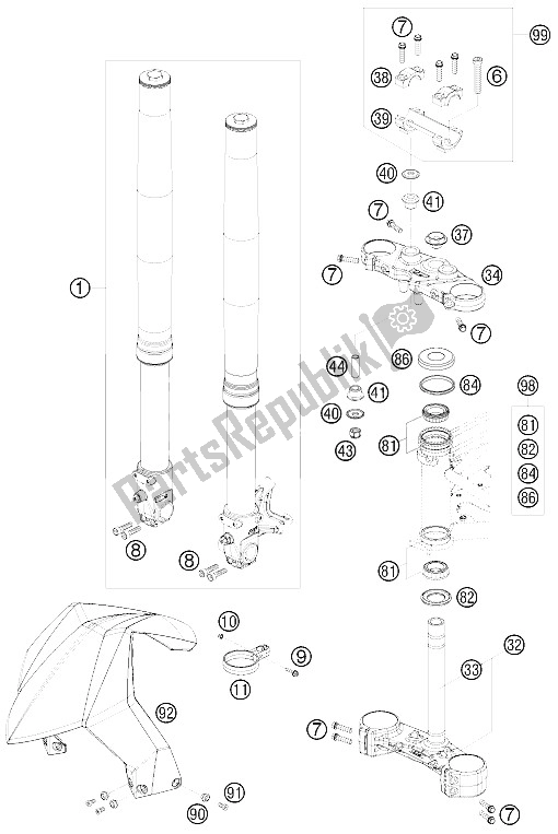 Alle onderdelen voor de Voorvork, Drievoudige Klem van de KTM 690 Duke White Europe 2009
