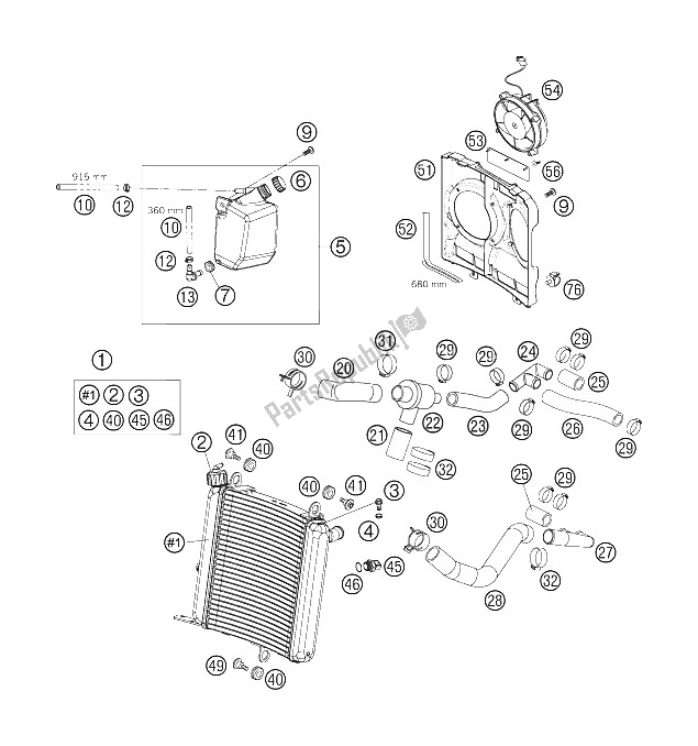 All parts for the Cooling System of the KTM 950 Supermoto Black Australia United Kingdom 2005