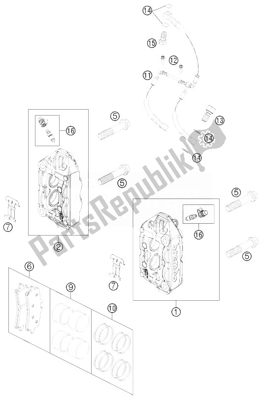 All parts for the Brake Caliper Front of the KTM 1190 RC8 R White Europe 2013